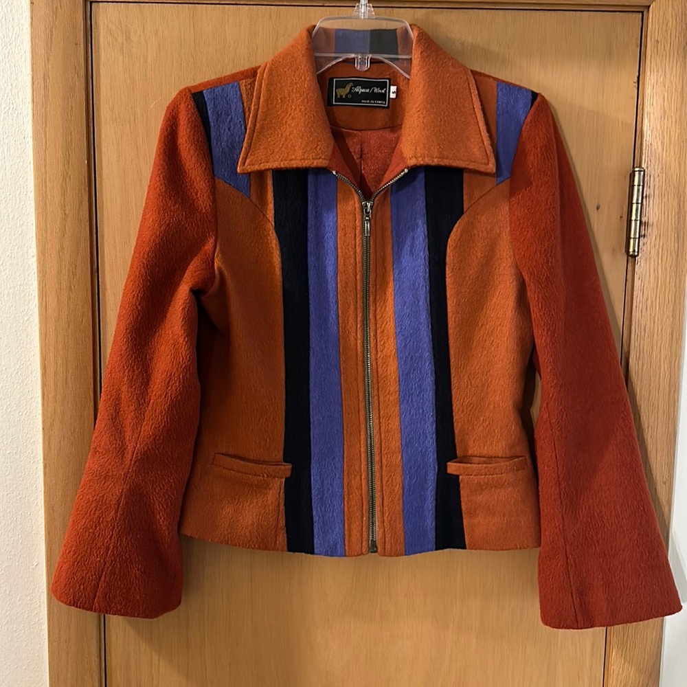 Cinsa Women’s Alpaca Wool Full Zip Jacket Striped 70’s Orange Blue Size Small